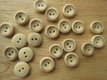 Load image into Gallery viewer, 50 Handmade printed on circumference with 2 hearts 15mm wood look buttons