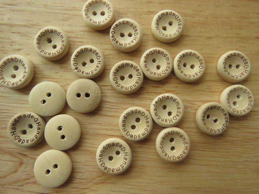 100 Handmade printed on circumference with 2 hearts 15mm wood look buttons