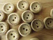 Load image into Gallery viewer, 50 Handmade printed on circumference with 2 hearts 15mm wood look buttons