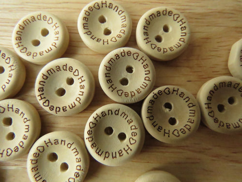 100 Handmade printed on circumference with 2 hearts 15mm wood look buttons