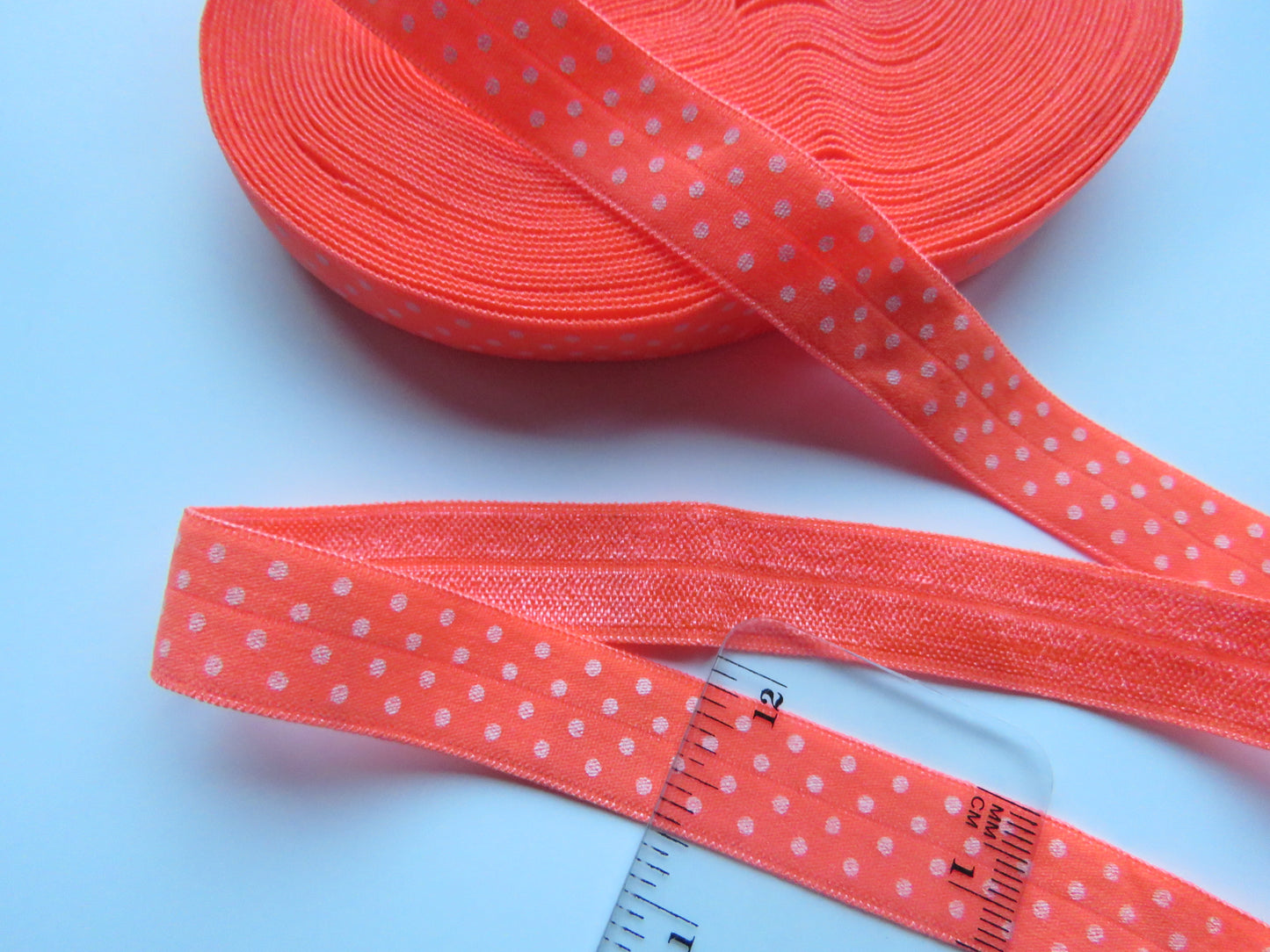 1m Neon Orange with white spots 15mm wide fold over elastic FOE foldover- last metre piece