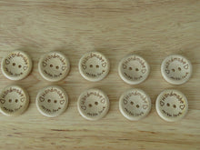 Load image into Gallery viewer, 25 Larger 25mm Handmade  with Love and Hearts wood look buttons