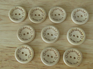 7 Larger 25mm Handmade  with Love and Hearts wood look buttons