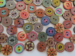 15mm Bright Print Retro vintage buttons 2 holes- Choose set of 25, 50 or 100 from menu