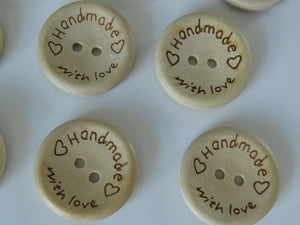 25 Larger 25mm Handmade  with Love and Hearts wood look buttons