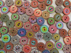 15mm Bright Print Retro vintage buttons 2 holes- Choose set of 25, 50 or 100 from menu