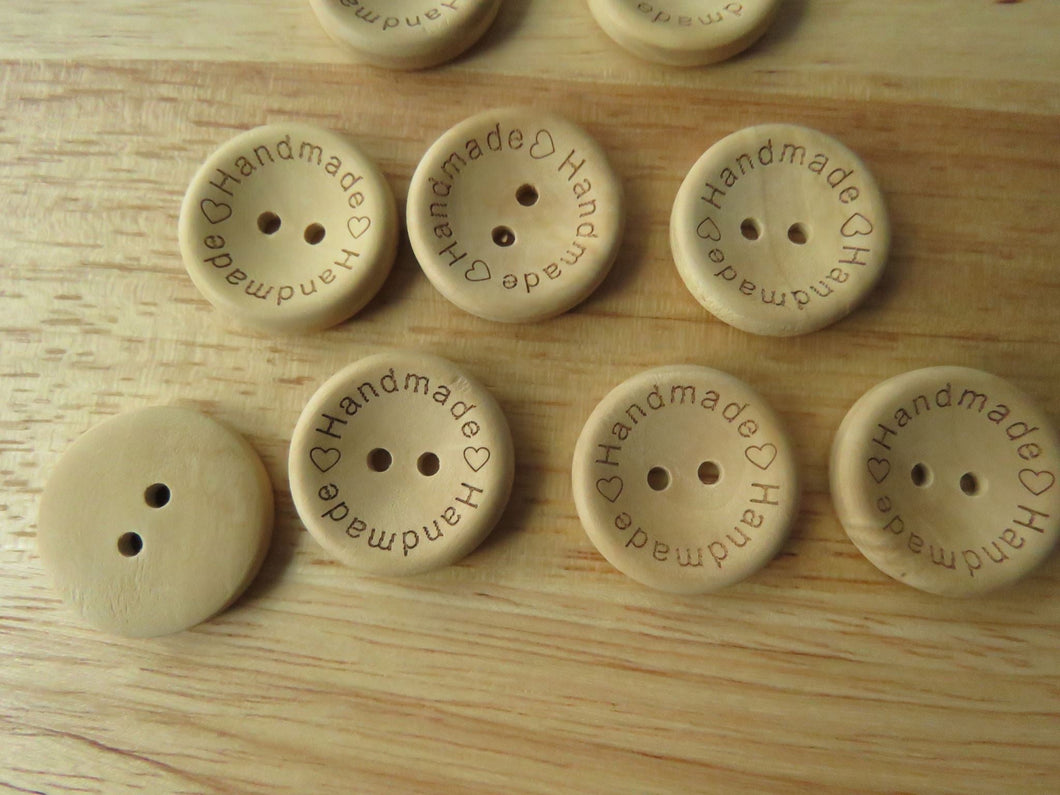 50 Larger 25mm Handmade on circumference and Hearts wood look buttons
