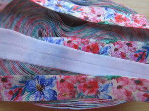 1m Blue Pink Flowers 15mm wide fold over elastic FOE foldover elastic