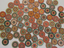 Load image into Gallery viewer, 100 Mixed Pattern Teal Orange Pink Retro Print buttons 25mm diameter
