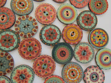 Load image into Gallery viewer, 25 Mixed Pattern Teal Orange Pink Retro Print buttons 25mm diameter