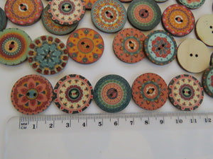 25 Mixed Pattern Teal Orange Pink Retro Print buttons 25mm diameter