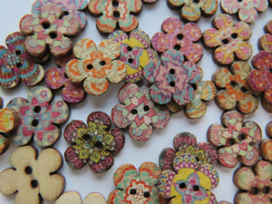 50 x 15mm Flower shape retro print buttons 2 holes