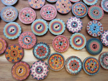 Load image into Gallery viewer, 50 Mixed Pattern Teal Orange Pink Retro Print buttons 25mm diameter