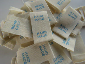 50 Smaller Cotton Flag Hand Made Labels- choose font colour- Pink, Blue or Black 15mm