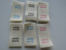 Load image into Gallery viewer, 50 Smaller Cotton Flag Hand Made Labels- choose font colour- Pink, Blue or Black 15mm