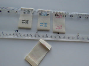 50 Smaller Cotton Flag Hand Made Labels- choose font colour- Pink, Blue or Black 15mm