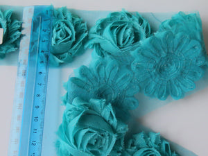 1 x Shabby Chic Chiffon flower- blue and greens- Colour Numbers 17-22. 50mm flower- 80c per individual flower