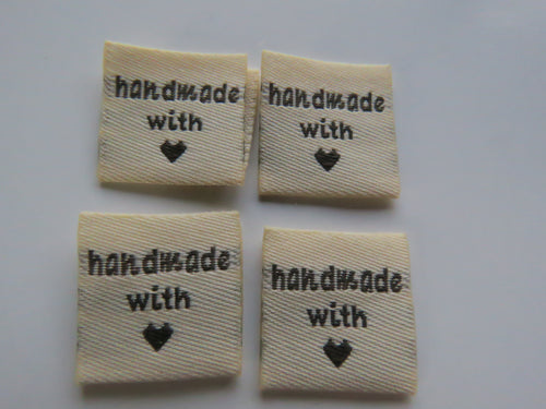 25 Beige Handmade with (love) heart symbol woven flag labels 2 x 2cm