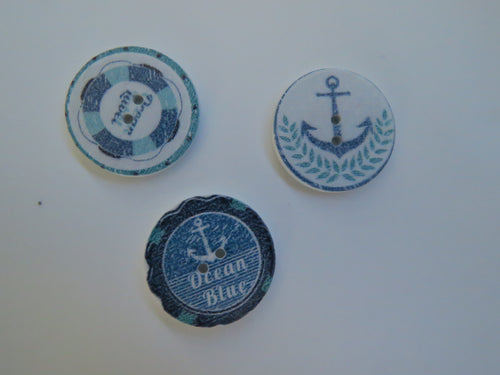 3 x nautical print buttons 25mm diameter