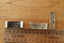 Load image into Gallery viewer, 10  Bronze  Handmade With Love and 2 Hearts Labels 55 x 15mm
