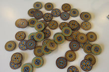 Load image into Gallery viewer, 50 Yellow Teal Middle Eastern Print Round Wood like Buttons 25mm diameter