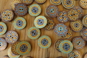 50 Yellow Teal Middle Eastern Print Round Wood like Buttons 25mm diameter