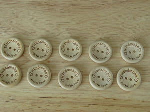 25  x 15mm Handmade and 2 hearts 15mm buttons wood look buttons