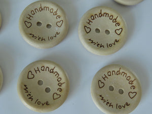 10 x 15mm Handmade with Love and 2 hearts 15mm buttons