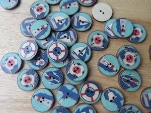 10 Mixed Nautical Prints- anchor, lifebuoy, yacht etc 25mm buttons