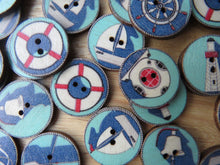 Load image into Gallery viewer, 10 Mixed Nautical Prints- anchor, lifebuoy, yacht etc 25mm buttons