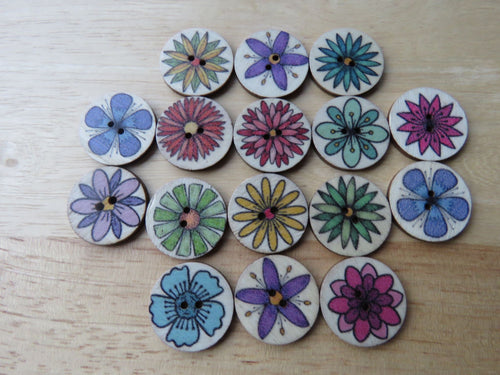 10 One Large flower Print Wood Shade background Buttons 25mm diameter