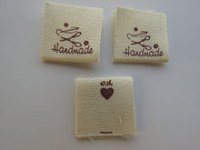 Load image into Gallery viewer, 10 Handmade with scissors and needle and thread  cotton flag labels 2 x 2cm