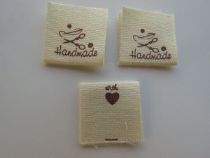 50 Handmade with scissors and needle and thread  cotton flag labels 2 x 2cm