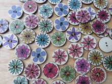 Load image into Gallery viewer, 10 One Large flower Print Wood Shade background Buttons 25mm diameter