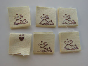 10 Handmade with scissors and needle and thread  cotton flag labels 2 x 2cm