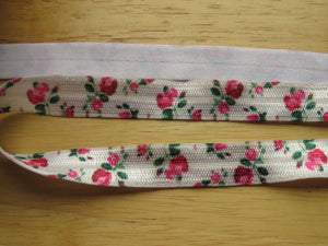 1m Pink Roses on White 15mm fold over elastic FOE foldover elastic