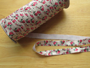 10m Pink Roses on White 15mm fold over elastic FOE foldover elastic