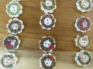 10 Christmas Wreath Print buttons Flower shape edge 18mm