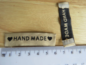 10 Beige "Hand Made" between 2 Brown Hearts Labels 65 x 15mm