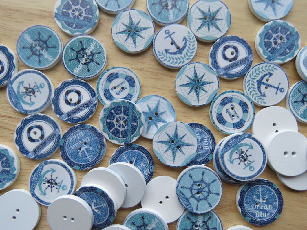 10 Blue and White Nautical print 25mm buttons