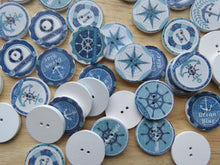 Load image into Gallery viewer, 10 Blue and White Nautical print 25mm buttons