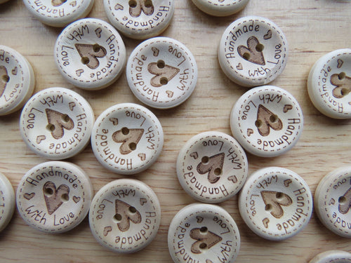 10 Large Heart in Centre with  Handmade with love on circumference 20mm buttons