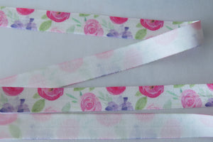 4.9m Pastel Pink and Purple Roses FOE Fold Over Foldover Elastic 15mm