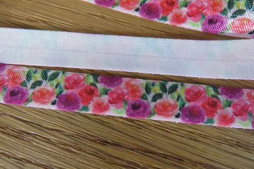 4.8m Pink Roses FOE Fold Over Foldover Elastic 15mm- use for facemasks