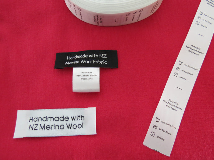 Handmade with merino fabric labels and garment labels are available.