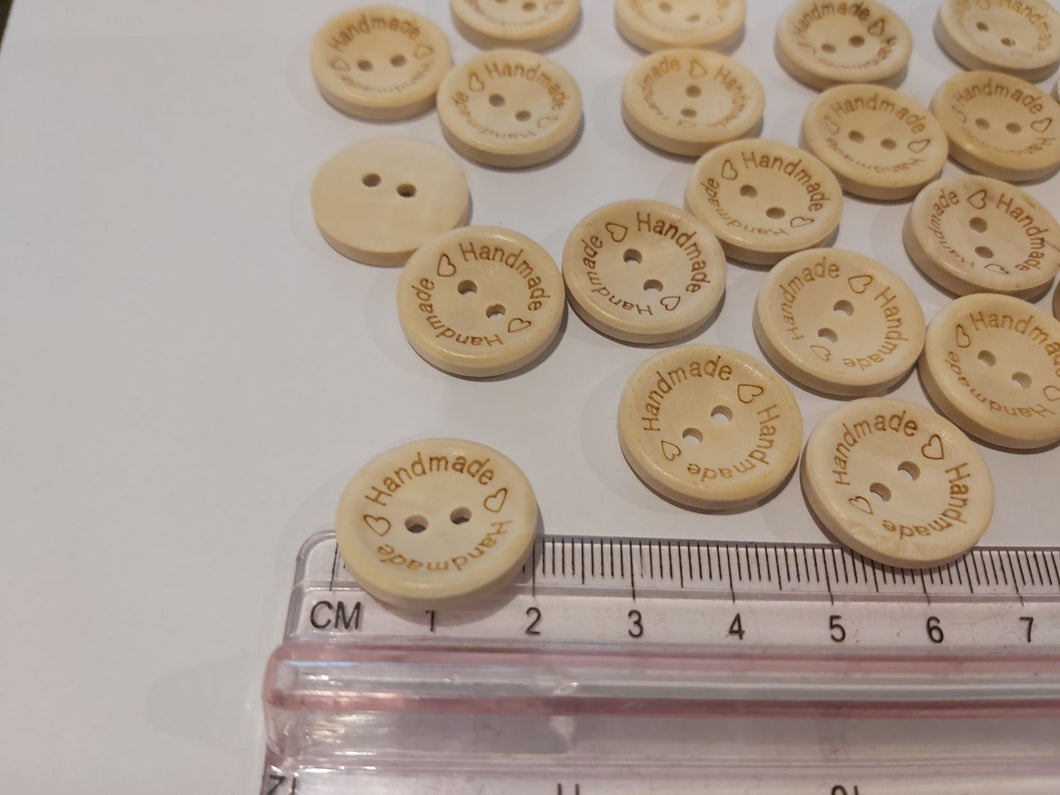 10 x 20mm Handmade on Circumference with 2 hearts wood look Buttons 20mm