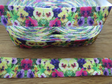 Load image into Gallery viewer, 5m Pansy Flower print 15mm fold over elastic FOE foldover elastic