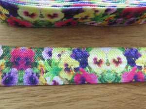 5m Pansy Flower print 15mm fold over elastic FOE foldover elastic
