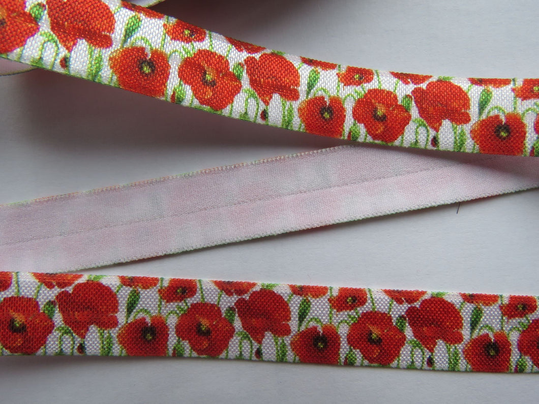 4m Red Poppies flower print 15mm fold over elastic FOE foldover elastic