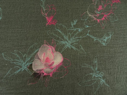 38cm Pink Teal Flower Soft Green 100% Merino Jersey 190g  Width reduced by 15cm